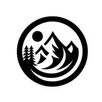Minimalist black and white depicting mountain range, pine trees, and sun set within a circular frame, evoking nature and adventure. vector