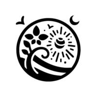 Black and White Circular Illustration Day and Night Landscape with stylized Sun, Moon, Tree, Bird, and Field elements. vector