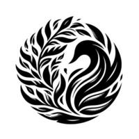 A monochromatic illustration of a swan encircled by leaves, evoking a sense of serenity, elegance, and nature, creating a harmonious circular composition. vector