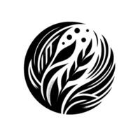A minimalist black and white botanical design, arranged within a circle. Features stylized leaves, stems, and small dots, evoking a sense of nature and modern elegance. vector