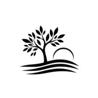 Monochromatic minimalist nature scene Silhouette of a tree with leaves and a rising sun or moon over stylized land. vector