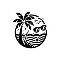 Black and white circular minimalist illustration of a tropical beach scene with palm tree, sunglasses, ocean, and birds, conveying summer vibes. vector