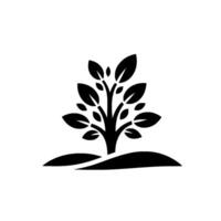 A minimalist, stylized illustration of a tree with lush leaves, rendered in black, set against a stark white backdrop. The tree grows from a curved, earthen form. vector