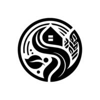 Monochromatic, circular emblem depicts a house, stylized leaves, and wheat, intertwined with flowing lines, embodying nature and home. vector