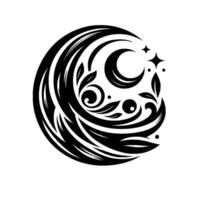 intrincado negro y blanco circular presentando un creciente luna, estrellas, estilizado hojas y decorativo remolinos, radiante elegante y místico vibras. vector