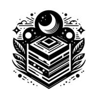 Symbolic Monochrome Cube with Crescent Moon, Stars, Geometric Details, Foliage, and Celestial Elements in a Hexagon vector