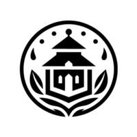 A minimalist black and white featuring a pagodalike structure within a circular frame, with decorative elements such as leaves, dots, and teardrop shapes. vector