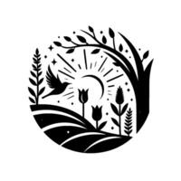 A Stylized Silhouette of a Crescent Moon and Rising Sun, Bird in Flight over a Rural Landscape, enclosed in a Circle vector