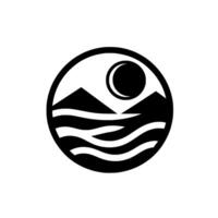 Stylized Minimalist Depicting Mountainous Landscape, Water Waves, and Celestial Bodies Within a Circular Frame, Emphasizing Harmony. vector