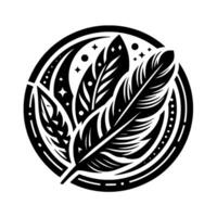 Intricate monochrome illustration of three stylized feathers enclosed in a circular frame with dots, stars, and crescent motifs, evoking a sense of elegance and cultural artistry. vector