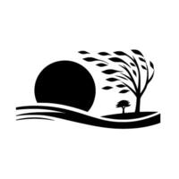 Black and White Minimalist Landscape Illustration Windy Day with Silhouette Trees, Sun, and a Simple Horizon. vector