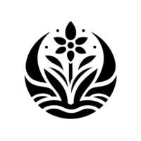estilizado negro floral emblema con pétalos, provenir, y hojas contenido dentro un círculo, evocando sencillez. vector