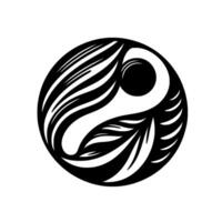 Abstract Yin Yang Symbol with stylized elements, swirling feathers and leaf shapes, in a stark monochrome composition set against a white backdrop. vector