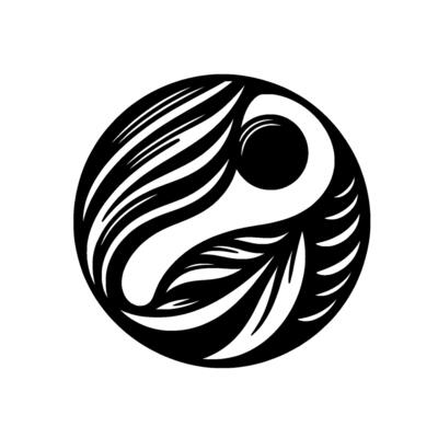 Abstract Yin Yang Symbol with stylized elements, swirling feathers and leaf shapes, in a stark monochrome composition set against a white backdrop.
