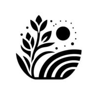A minimalist black and white illustration of a stylized plant with leaves and a sunlike circle above a layered landscape element, with dots suggesting a serene atmosphere. vector