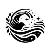 Monochromatic Emblem Stylized Bird Surrounded by Waves, Leaves, and Stars, Creating a Circular Composition. vector