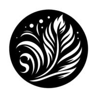 Elegant monochrome graphic, stylized feather and flowing elements artfully arranged inside a black circular frame with a white background. vector