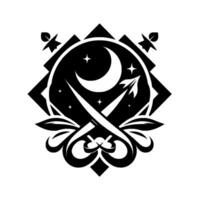 Celestial Emblem Black and White Depicting Moon, Stars, Sword, Arrow, and Decorative Floral Elements in Geometric Composition. vector