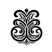 Intricate, symmetrical, black and white floral emblem featuring stylized leaves, curls, and a central orb, against a pristine white backdrop. vector