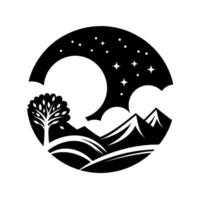 Circular Silhouetted Landscape A stylized black and white scene featuring a tree, rolling hills, mountains, and a starry night sky with clouds. vector