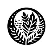 Intricate Black and White Circular of Botanical Elements, Including Leaves, Branches, and Water Droplets, Suggesting Natures Balance vector