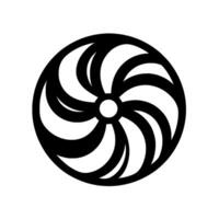 A symmetrical, minimalist black and white circular depicting a swirling, vortexlike pattern, featuring curved elements radiating outwards. vector
