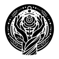 Symbolic black and white illustration of hands cupping a rose within a circular frame, featuring leaf and dot ornamentation. vector