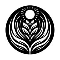 A stylized black and white circular emblem depicting a radiant sun over stylized plant life within a circle, creating a symmetrical and symbolic design. vector