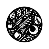 A stylized monochrome circular illustration featuring botanical elements leaves, apples, branches, stars, a crescent moon, and dots. vector