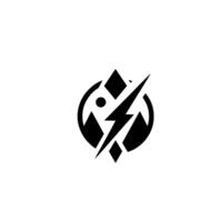 A minimalist black and white featuring a lightning bolt piercing mountains and geometric shapes within a circular frame, embodying energy and natures power. vector