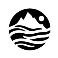 Simplified Monochrome Emblem A stylized landscape composition depicting a mountain range, rippling water, and the sun within a circular frame, symbolizing natures serenity. vector