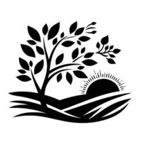 Monochromatic Silhouette A stylized depiction of a tree with leaves, positioned against a rising sun over a field, evoking a tranquil, hopeful mood. vector