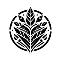 Elegant Black and White Geometric Floral Emblem A symmetrical illustration of stylized leaves, and geometric shapes arranged within a circular frame. vector
