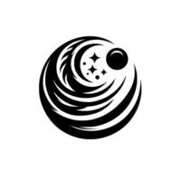 Abstract Cosmic Design Black and White Celestial Orb with Crescent, Stars, and a Dark Planetoid, minimalist aesthetic. vector