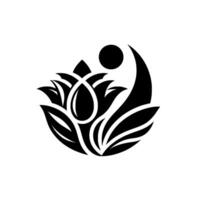 Elegant black and white stylized lotus with a teardrop element and a sun or moon, conveying harmony and balance, set against a plain white background. vector