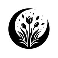 Artistic Black White Illustration of Three Tulips and Foliage Encased by a Crescent Moon, Symbolic of Natures Elegance vector