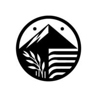 A minimalist black and white circular depicting a mountain, plant sprig, and stylized building, symbolizing nature and structure. vector