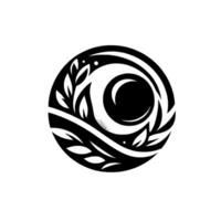 Abstract circular featuring a crescent moon at the center surrounded by stylized leaves and organic flowing lines in black and white. vector
