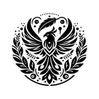 A symmetrical, elegant black and white emblem featuring a stylized phoenix rising within a circular laurel wreath, adorned with decorative elements. vector
