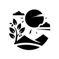 Minimalist Black and White Illustration Silhouette of a Tree, Mountains, Sun, and Clouds within a Circular Frame, Representing Natures Harmony. vector