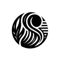 Intricate Black and White Circular Composition Abstract Serpentine Forms, Leafy Elements, and a Solid Circle with Lines. vector