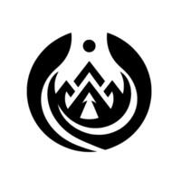 A minimalist, black and white showcasing abstract mountains, with stylized peaks and a circular embrace, evoking a sense of protection and nature, set against a clean white background. vector