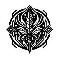 Intricate Black and White Geometric Emblem Featuring a Central Feather Motif, Surrounded by Abstract Floral and Geometric Elements, on a White Background. vector