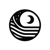 Abstract black and white circular with crescent moon, stars, and stylized waves evoking a serene night scene. vector
