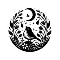 A silhouetted songbird perched on a rock within a floral circle, under a crescent moon and a flying bird, in a clean, minimalist style. vector