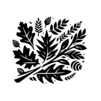 A clustered, stylized black and white botanical arrangement featuring diverse leaf shapes, branches, and small accents, set against a clean white backdrop. vector