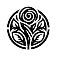 Intricate Black and White Floral Emblem Depicting a Rose with Leaves, Encased in a Circular Frame, Minimalist Design. vector