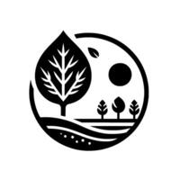 Symbolic black and white circular nature scene with large leafshaped tree, small trees, sun and rolling landscape. vector