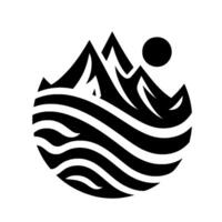 Monochromatic Nature Emblem Mountain Peaks Rise Above Striped Water, Sun Above in Stylized Round Composition. vector