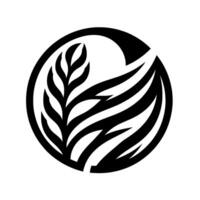 A monochrome, stylized featuring a circular frame containing a segmented leaflike element alongside a winglike, layered structure, suggesting growth. vector